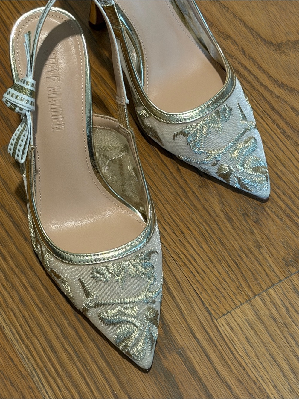 Steve Madden Gold and Cream Embroidered Pointed Slingback Heels - Picture 3 of 5